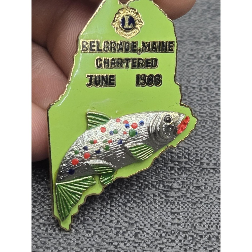 Vintage Belgrade Maine Lions Club Chartered June 1983 Trout Enamel‎ Pin